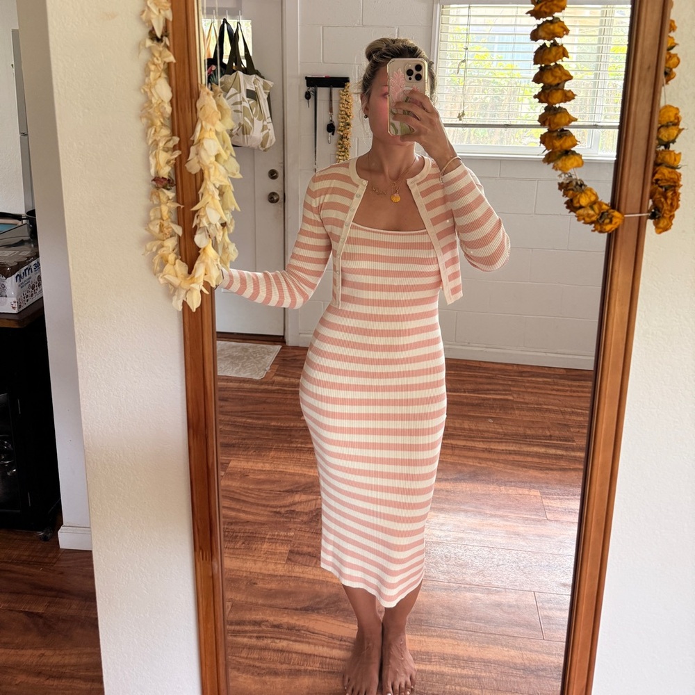 Zara Pink and White Sheath Dress with Sweater
